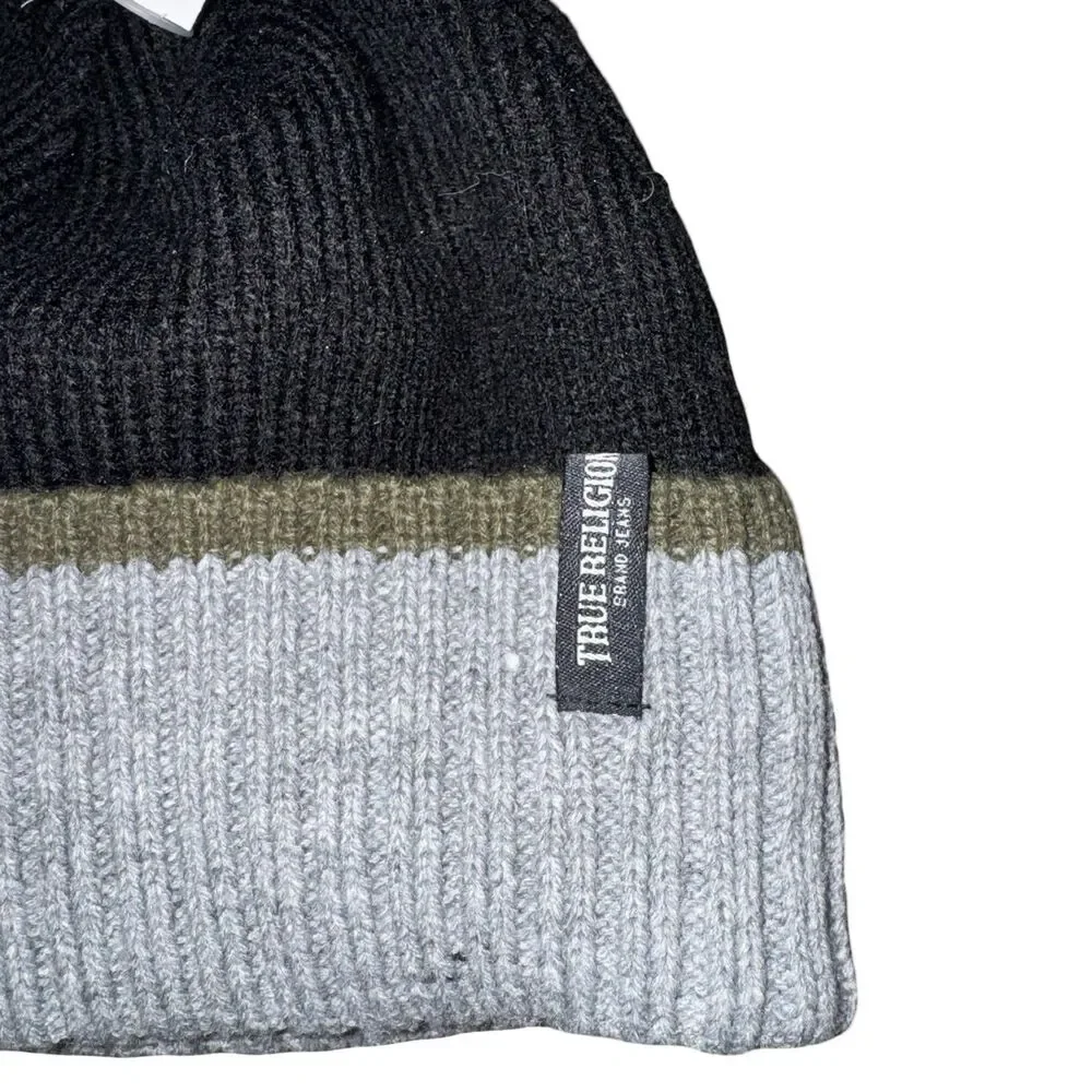 NWT True Religion Beanie Mens One Size Blck Grey Colorblock Faux Shearling Lined